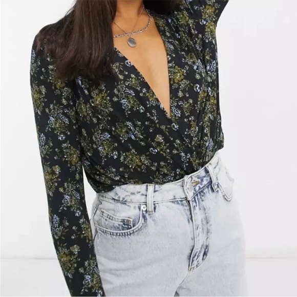 Free People Turnt Bodysuit Top V-neck Night Combo Floral Black Khaki Green L - Picture 6 of 16